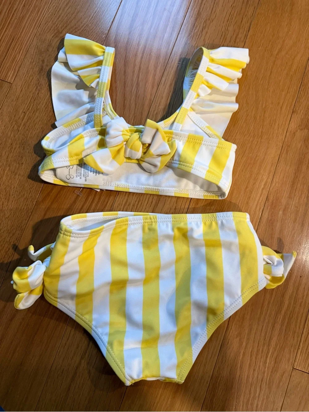 NWT Jessica Simpson Yellow and White Striped Ruffle Two-Piece Swim Set